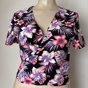 Victoria's Secret Pink wrap top Blouse Black floral womens L Hawaiian beach vaca